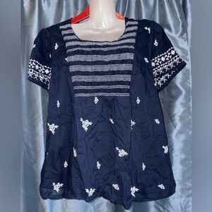 Lucky Brand Navy Blue Blouse with White Embroidery